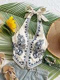 WOVENLISSE Floral Embroidered Halter Top — Boho Backless Beach Crop