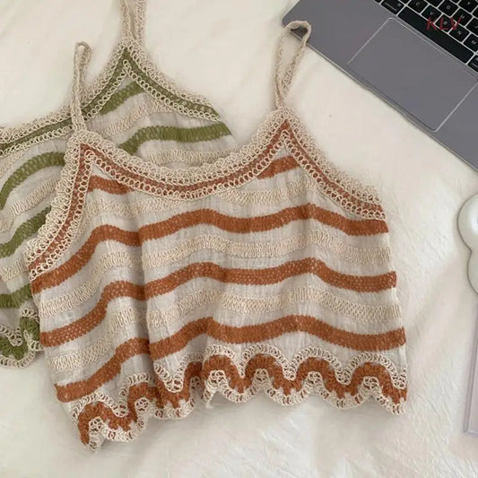Women Vintage Cotton Linen Camisole Embroidery Heart Striped Spaghetti Strap Crop Top Crochet Knit Beach Sling Vest