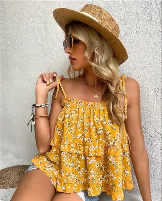 Women's Yellow Floral Print Cami Top Spaghetti Strap Ruffled Tiered Swing Casual Summer Camisole