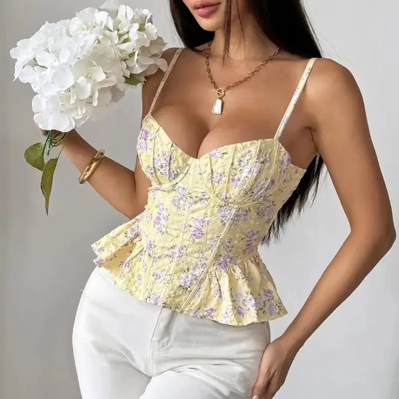 WOVENLISSE Lace-Up Corset Crop Top — Floral Halter Shaper Camisole