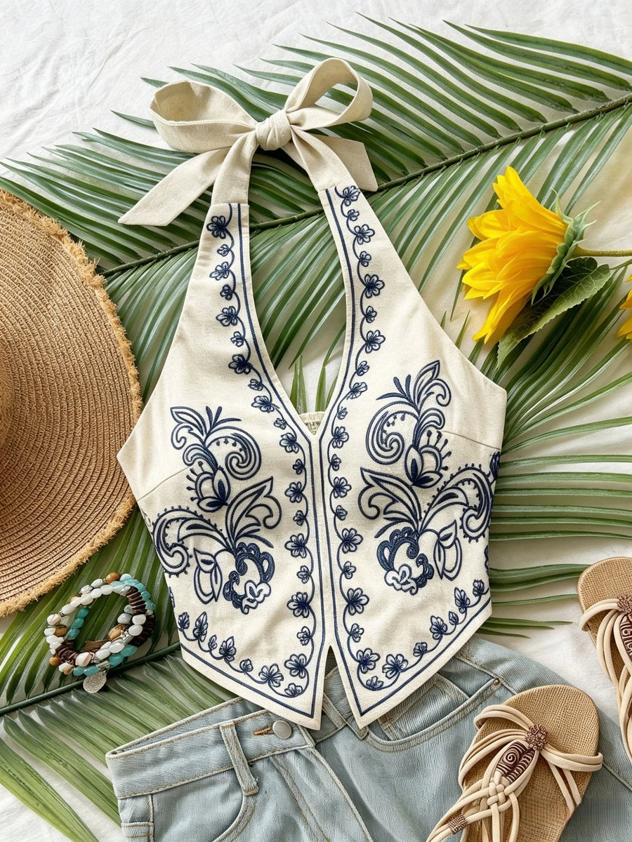 WOVENLISSE Floral Embroidered Halter Top — Boho Backless Beach Crop