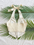 WOVENLISSE Floral Embroidered Halter Top — Boho Backless Beach Crop