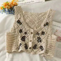 WOVENLISSE Floral Embroidery Camisole — French-Style Button Crop Top