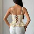 WOVENLISSE Lace-Up Corset Crop Top — Floral Halter Shaper Camisole