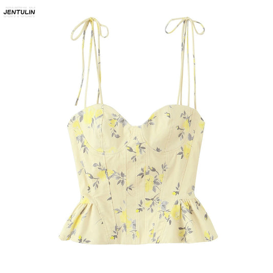 Yellow Floral Print Cami Top Women Tie Spaghetti Strap Bustier Corset Blouse Ruffle Hem Y2K Vintage Slim Fit Summer Camisole